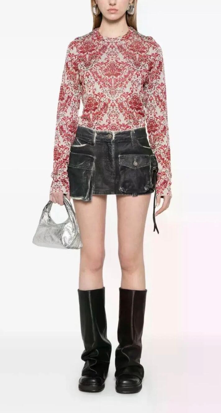 Rabanne Womens LS Paisley Top in Red Silver Paisley S